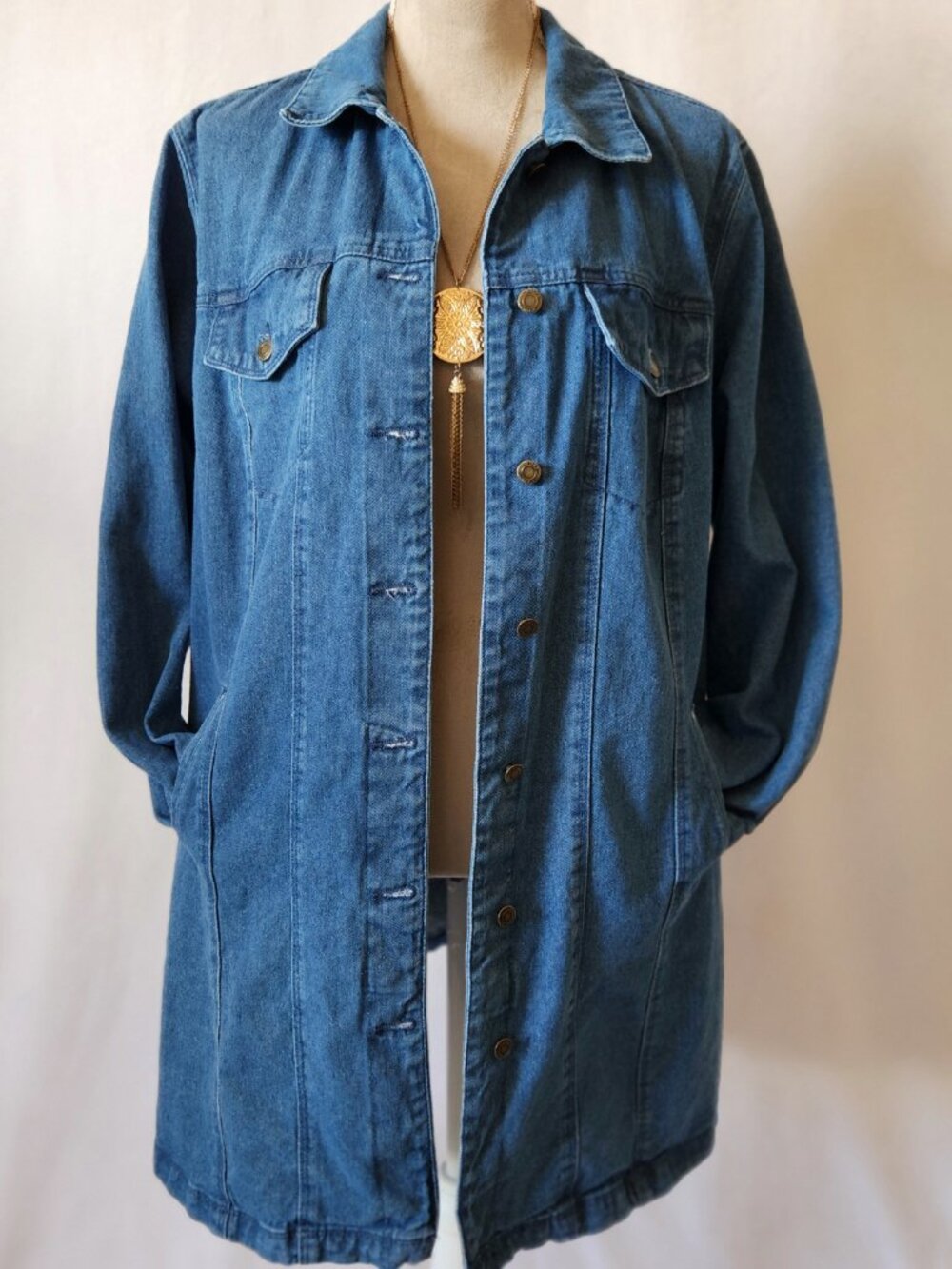 Jessica London Women's Plus 20W Long Sleeve Button Down Long Blue Denim Jacket - Picture 12 of 15